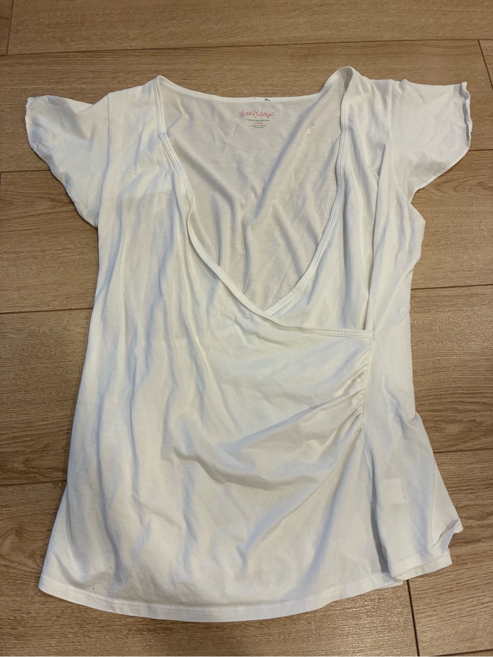 Lilly Pulitzer White Flutter Sleeve Pima Cotton Faux Wrap Top Size L *READ